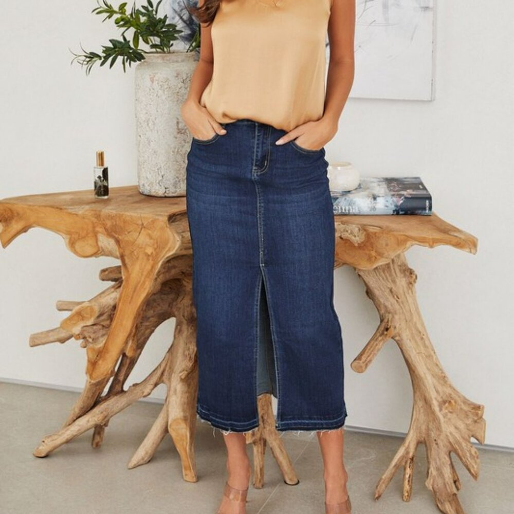 Denim Maxi Skirt w/ Front Slit